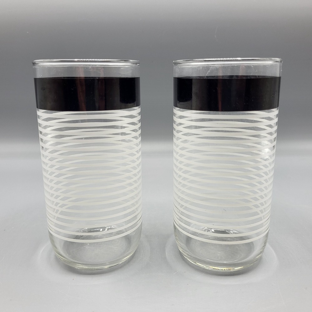 Vtg Set of 2Libbey Striped Tumbler Drinking Glasses MCM 5.5" Black White Stripes